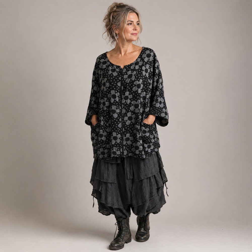 Matti Mamane Womens Lagenlook Floral Dot Zip Front Cardigan Jacket Black Gray L